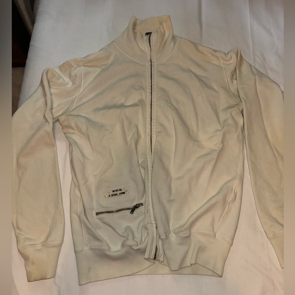 Diesel 100% cotton zip up mock neck track jacket in soft white beige. Size small